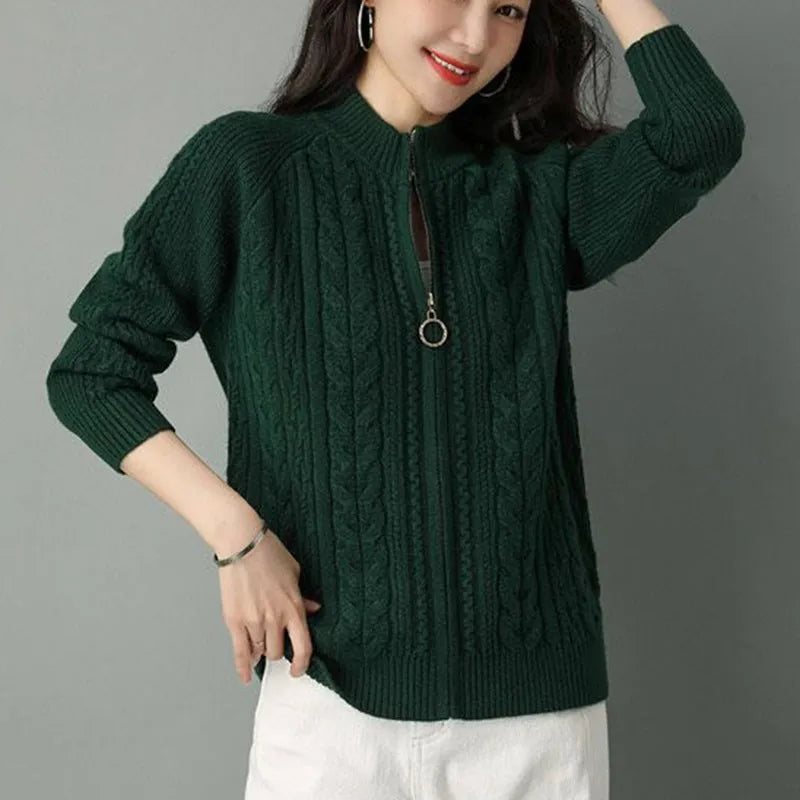 Casaco Feminino Estilo Cardigã De Malha Com Zíper