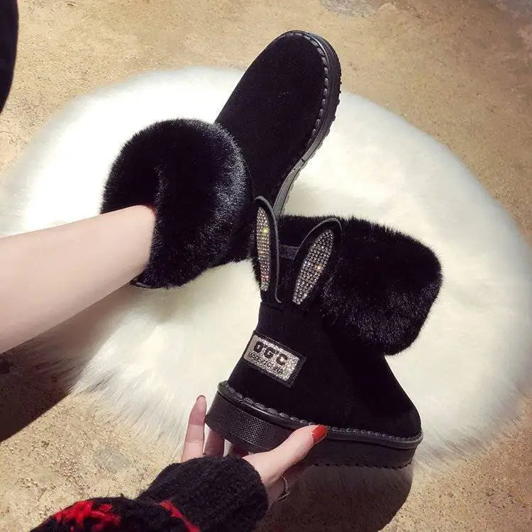 Bota Feminina Com Orelhas De Pelúcia Moda Inverno