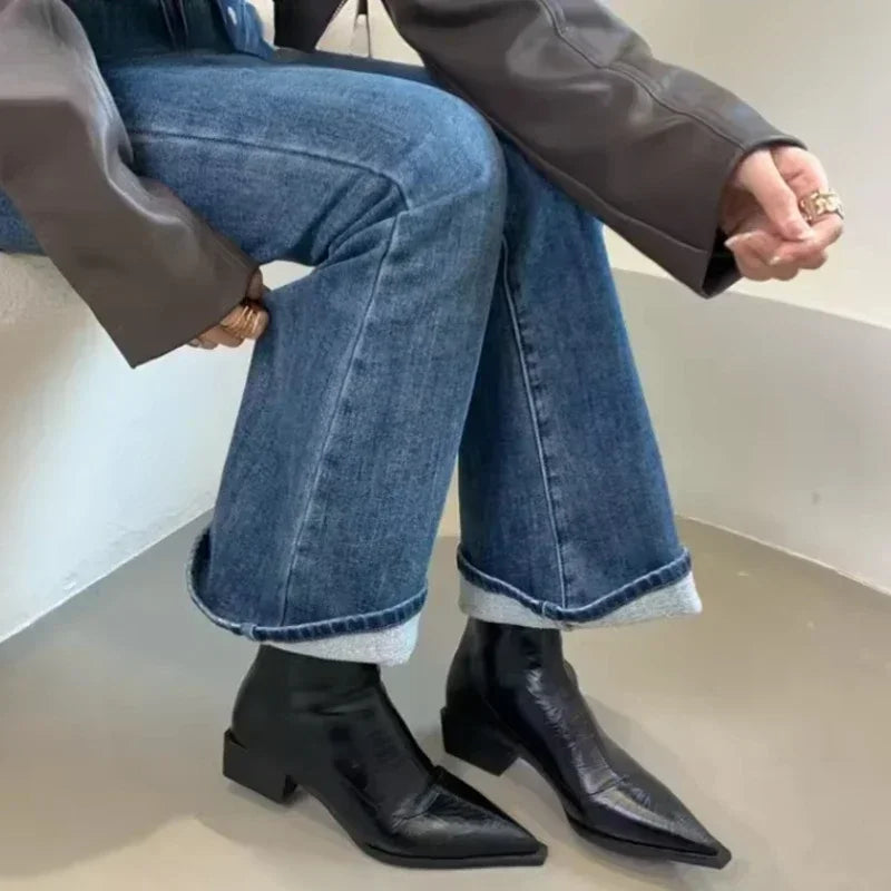 Bota Feminina Bico Fino Salto Médio Moda Casual Elegante