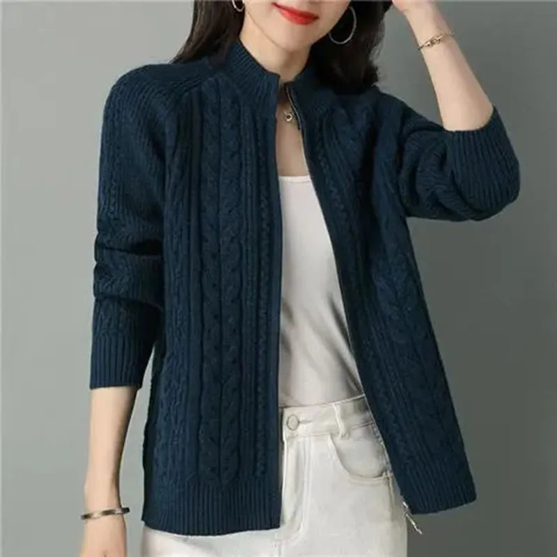 Casaco Feminino Estilo Cardigã De Malha Com Zíper