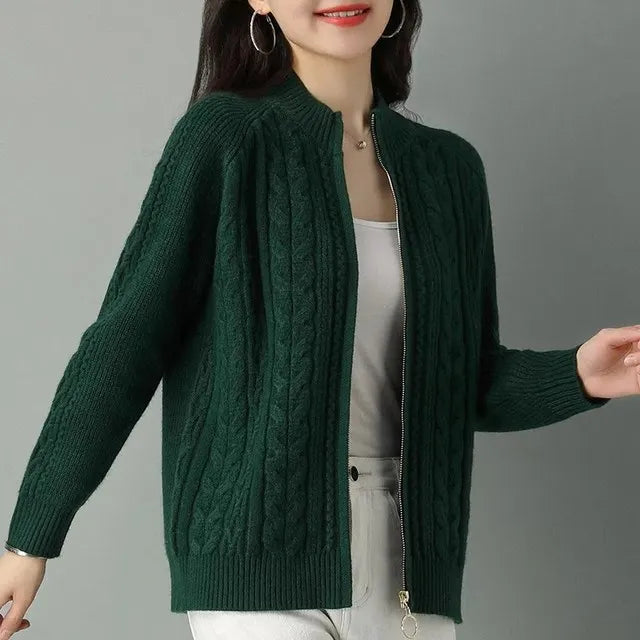 Casaco Feminino Estilo Cardigã De Malha Com Zíper