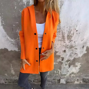 Casaco Feminino De Comprimento Médio Moda Inverno Com Botões E Gola V