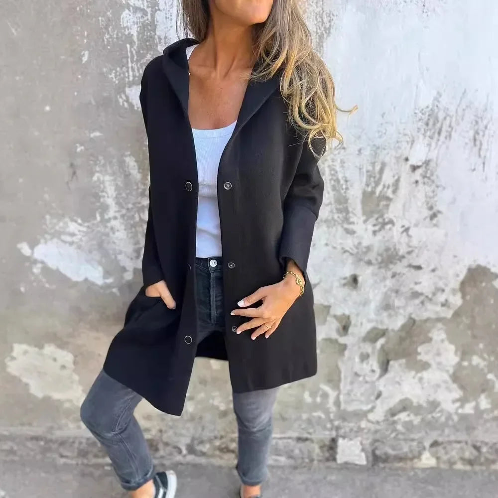Casaco Feminino De Comprimento Médio Moda Inverno Com Botões E Gola V