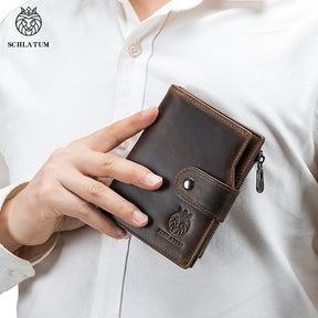 Carteira Masculina em Couro Genuíno, Suporte de Cartão RFID, Porta Moedas SCHLATUM