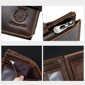 Carteira Masculina em Couro Genuíno, Suporte de Cartão RFID, Porta Moedas SCHLATUM