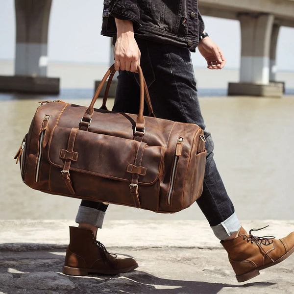 Mala de Viagem em Couro Genuíno com Bolso para Sapatos